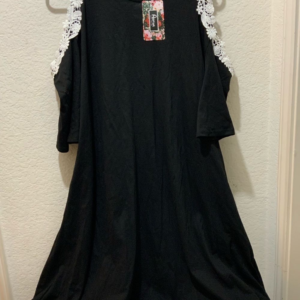Aofur black mini dress cold shoulder chiffon with embroidered lace 38” long